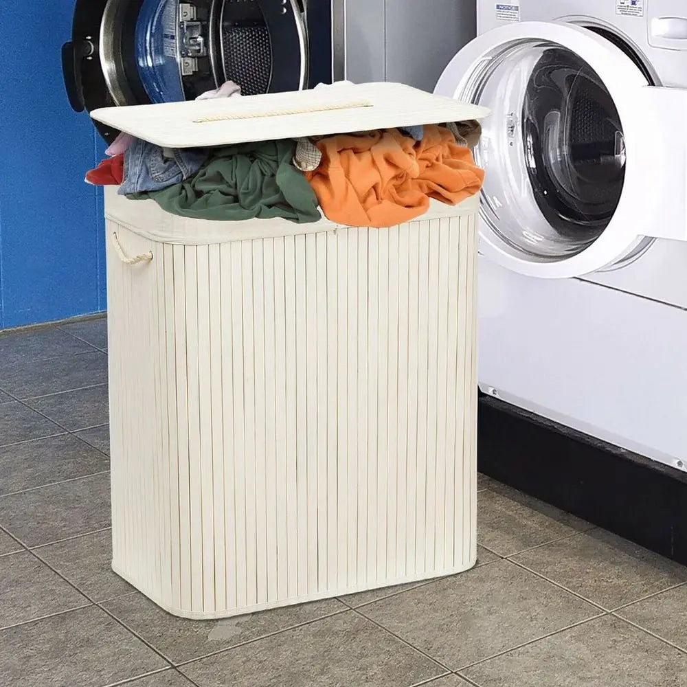 Rectangular Bamboo Laundry Basket-White with Divider - Image #5