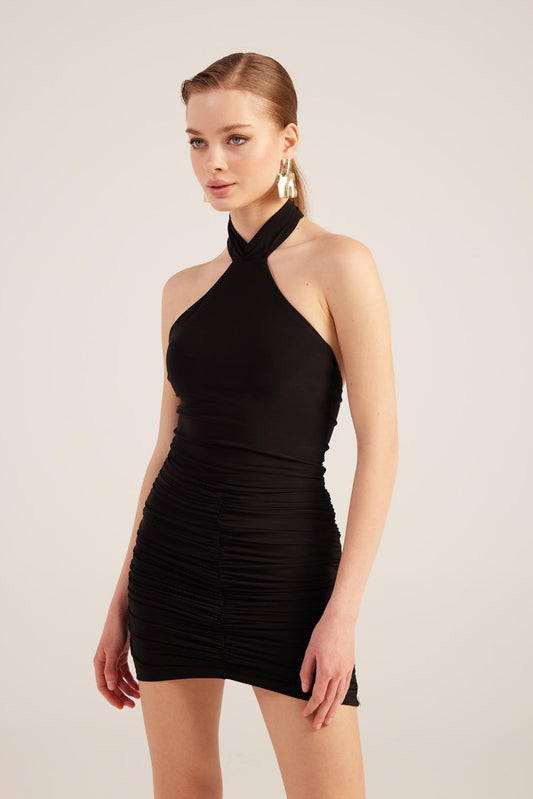 Black halter neck mini dress with ruched side drape