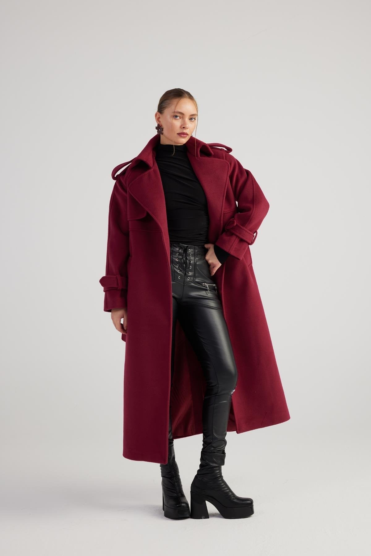 Burgundy maxi belted coat with layered collar and long sleeves