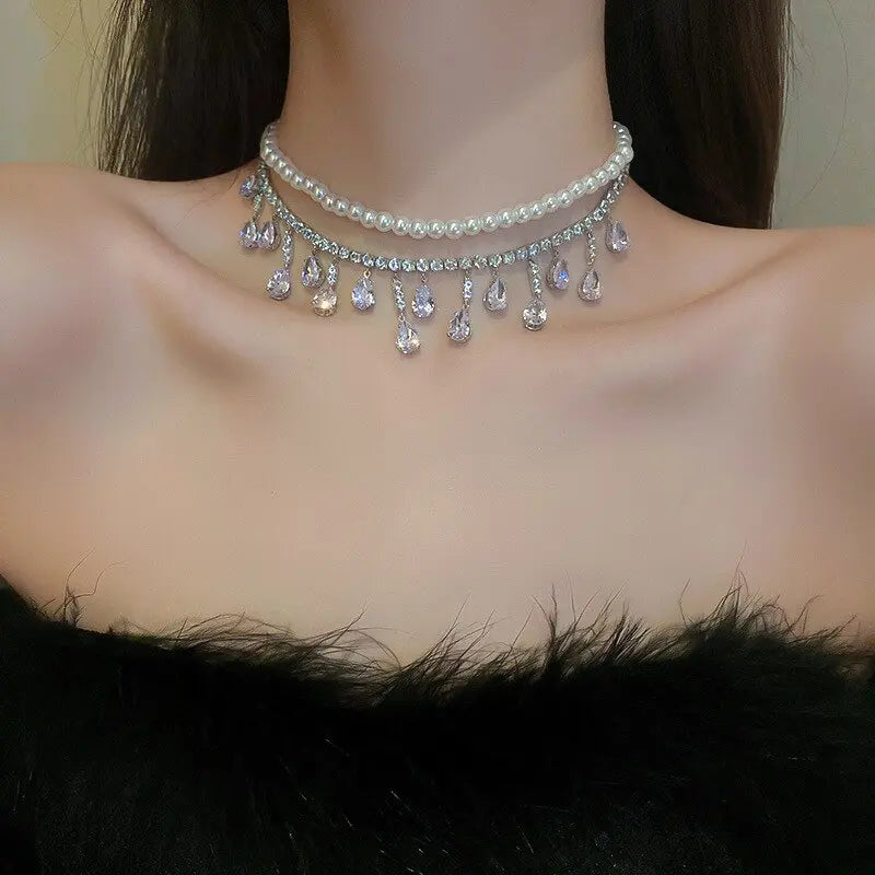 Luxury Pearl Tassel Crystal Necklace - Image #6