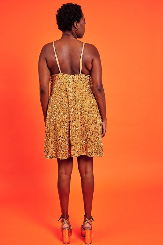 Gold sequin cami swing dress back view, open scoop back