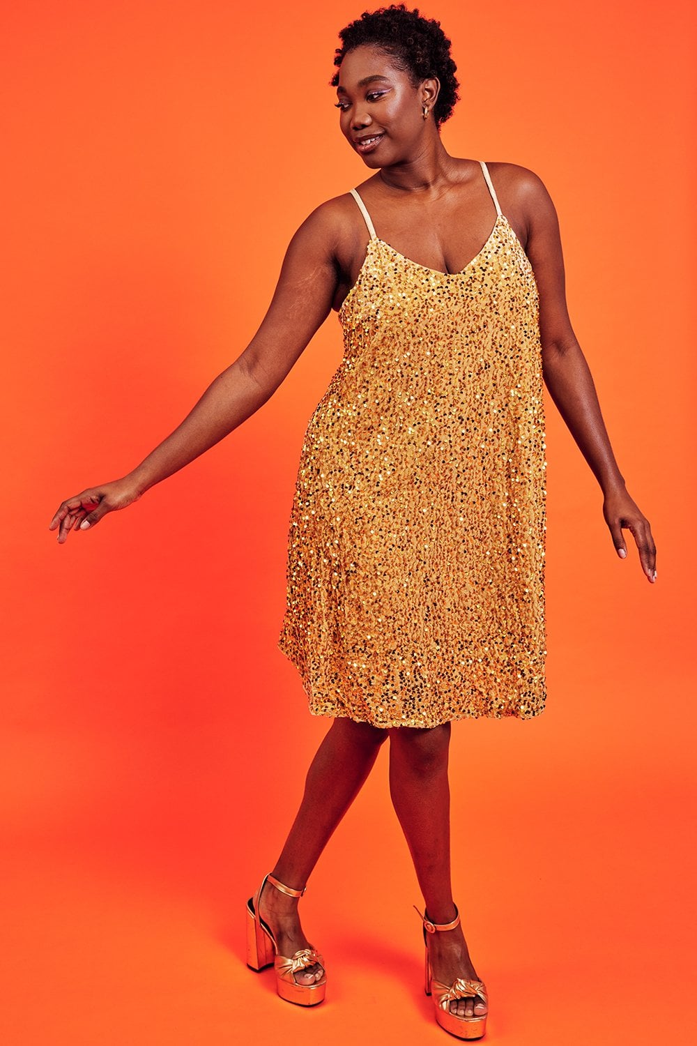 Gold sequin cami swing dress with thin spaghetti straps, V-neckline