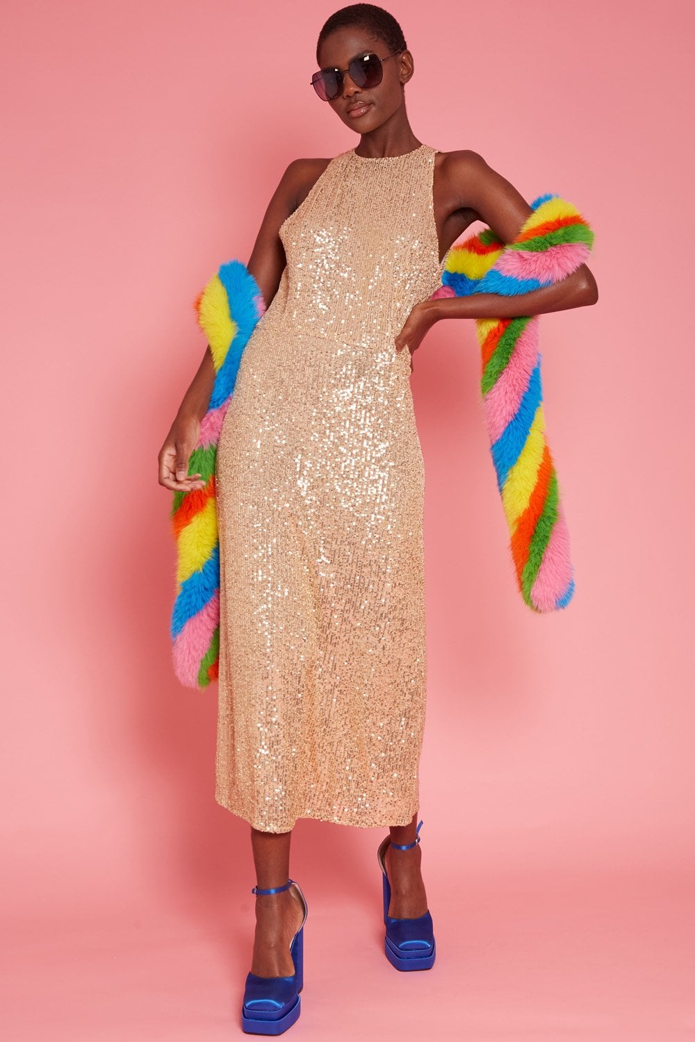 Gold sequin maxi sheath dress, sleeveless, straight neckline