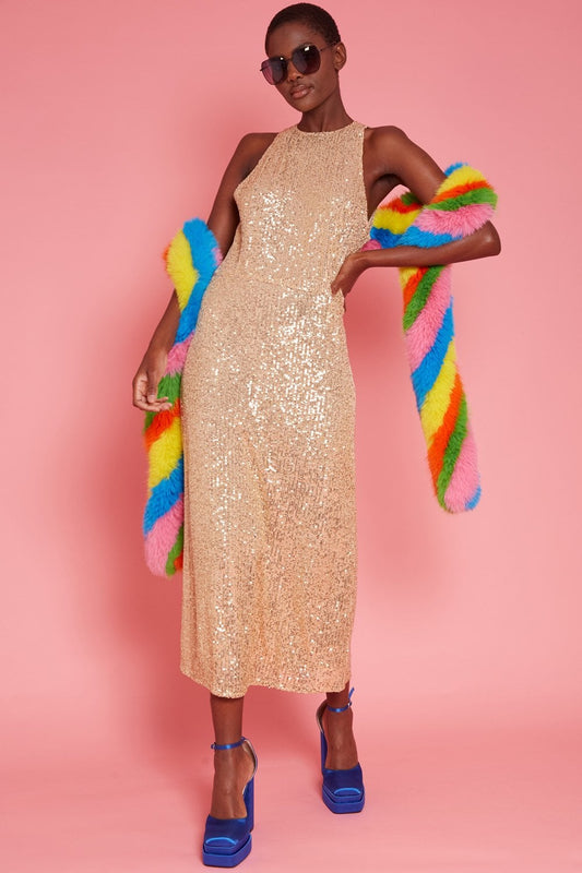 Gold sequin maxi sheath dress, sleeveless, straight neckline