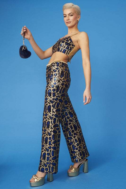 Leopard-print sequin halter crop top in navy and gold with front keyhole