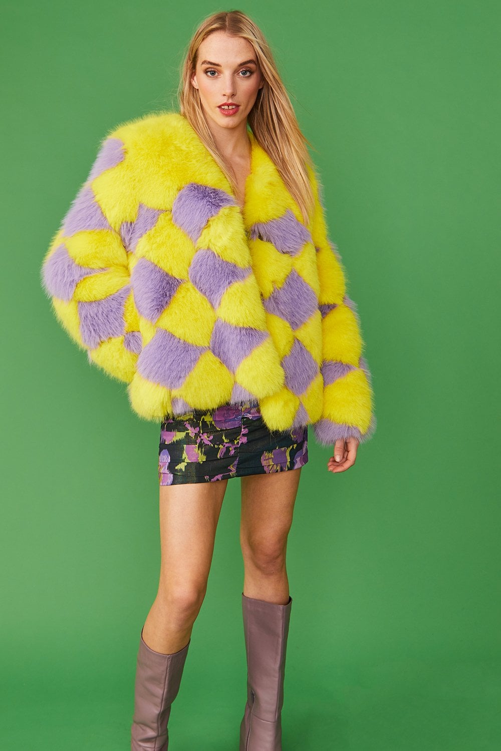Yellow and purple diamond-pattern faux fur jacket with open collar and long sleeves