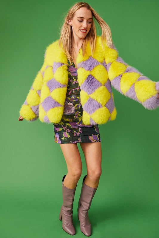 Yellow and purple diamond-pattern faux fur jacket, relaxed fit, long sleeves