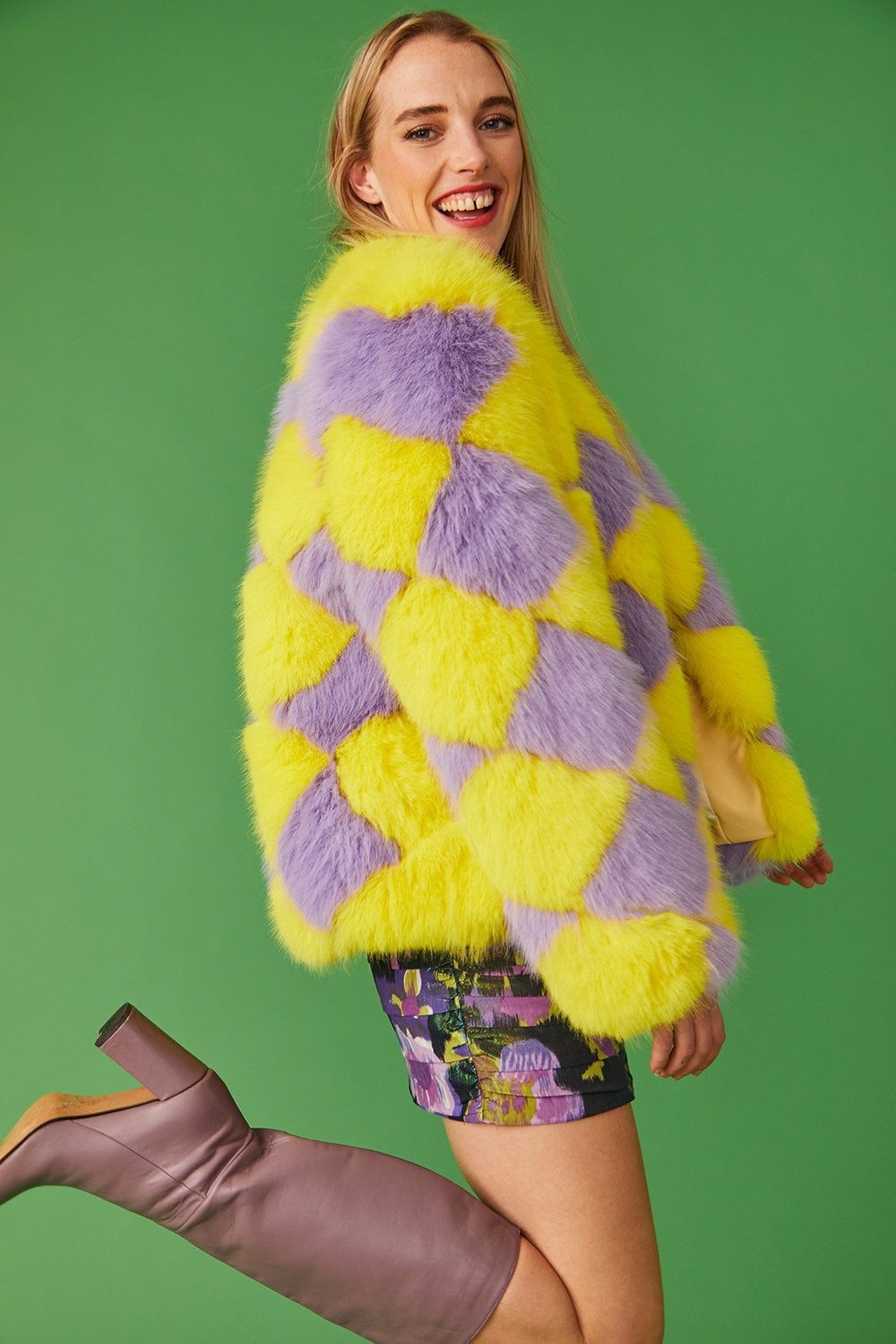 Yellow and purple diamond-pattern faux fur jacket, side view with long sleeves