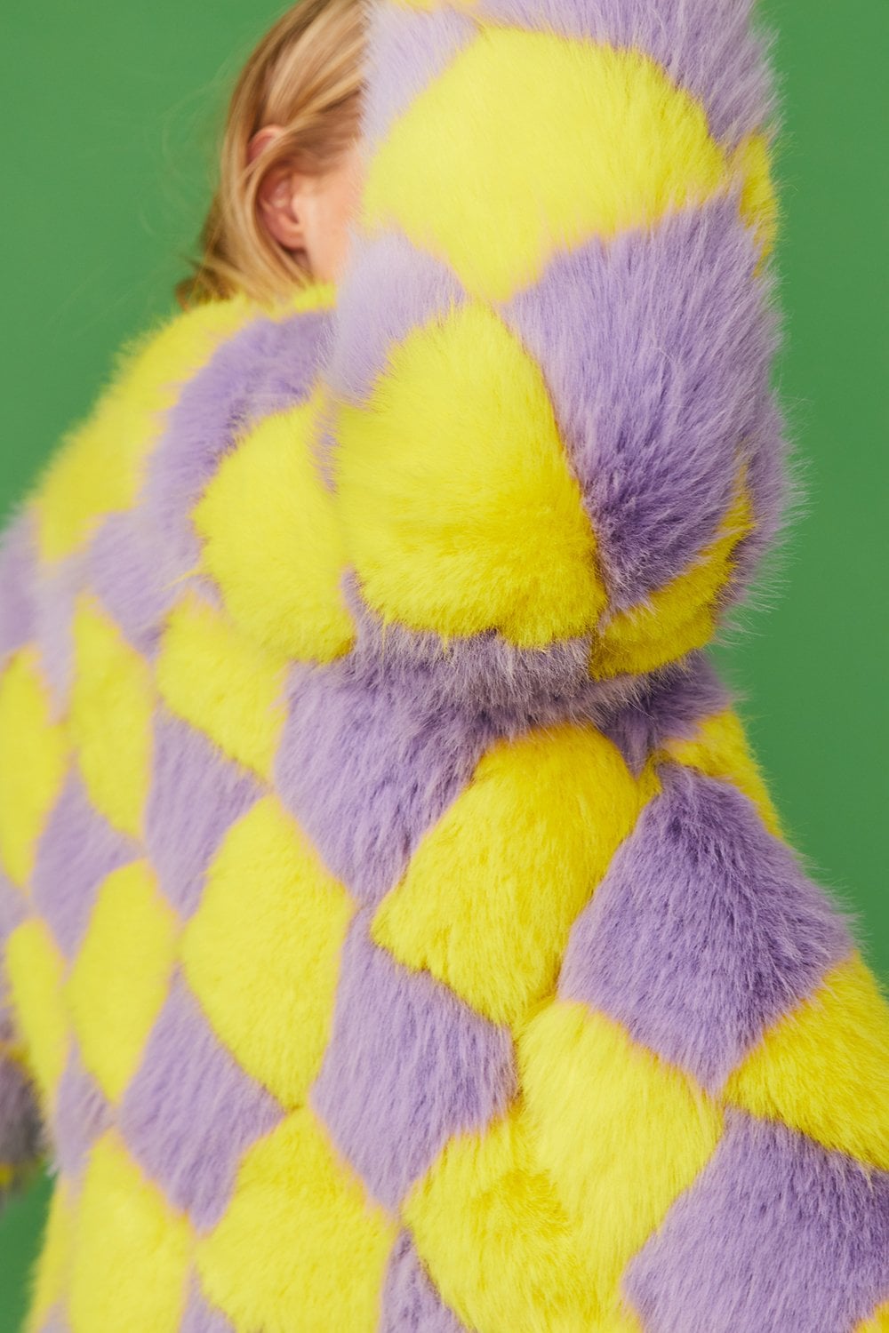 Yellow and purple diamond-pattern faux fur jacket, detailed plush fur texture