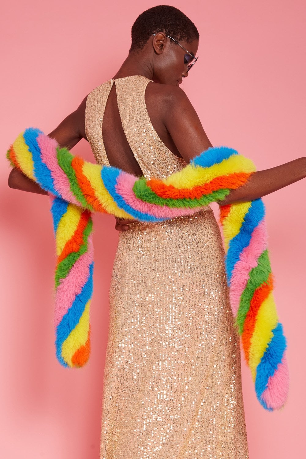 Gold sequin maxi sheath dress, open back, sleeveless