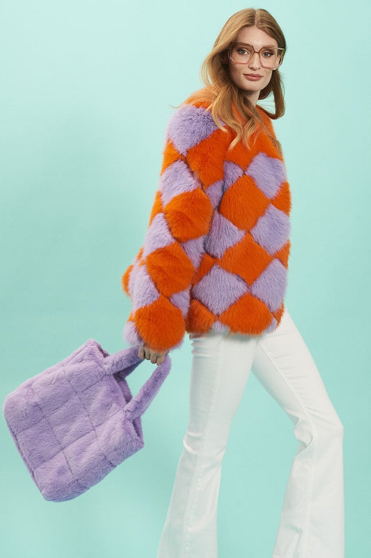 Women’s faux fur jacket, orange and purple diamond pattern, long sleeves