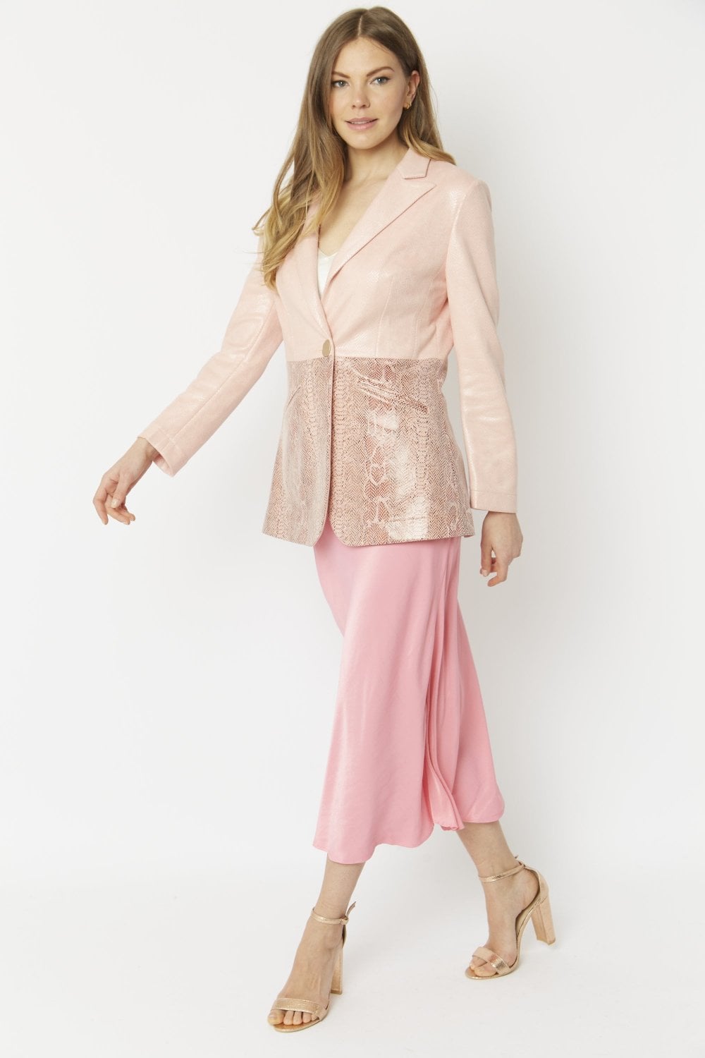 Pink suede-look jacket with snake-pattern panel and open V-neck front.