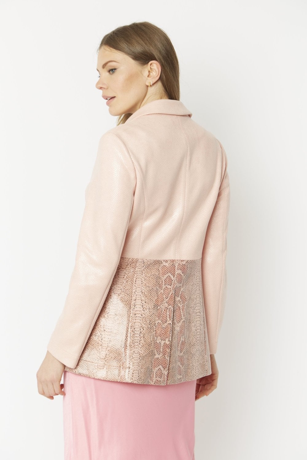 Pink suede-look jacket, back view, with snake-pattern yoke panel.