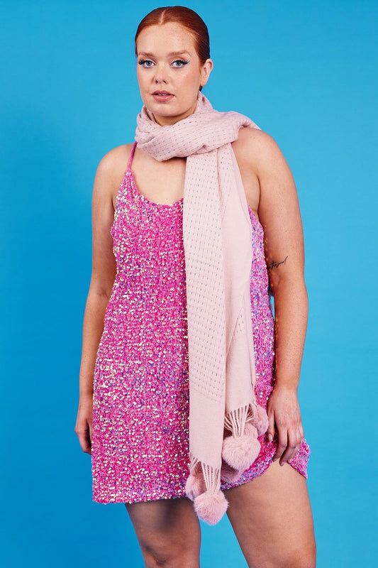 Pink sequined cami dress with spaghetti straps and draped ruffle scarf