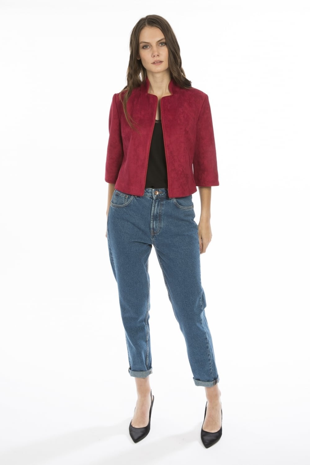 Red faux suede zip-up jacket with stand collar and three-quarter sleeves