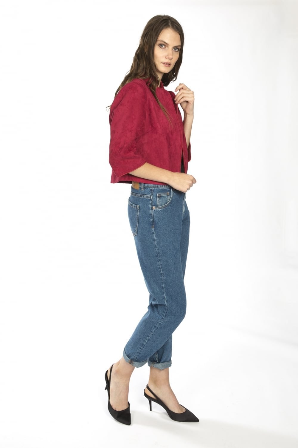 Red faux suede jacket with stand collar and three-quarter sleeves