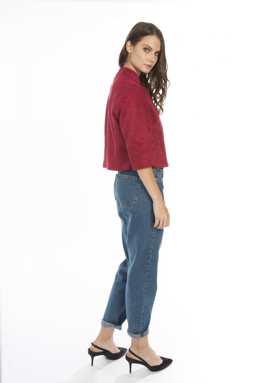 Side-view red faux suede zip-up jacket with stand collar and three-quarter sleeves