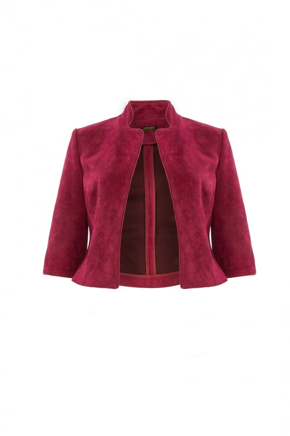 Front view red faux suede jacket with stand collar and center zipper