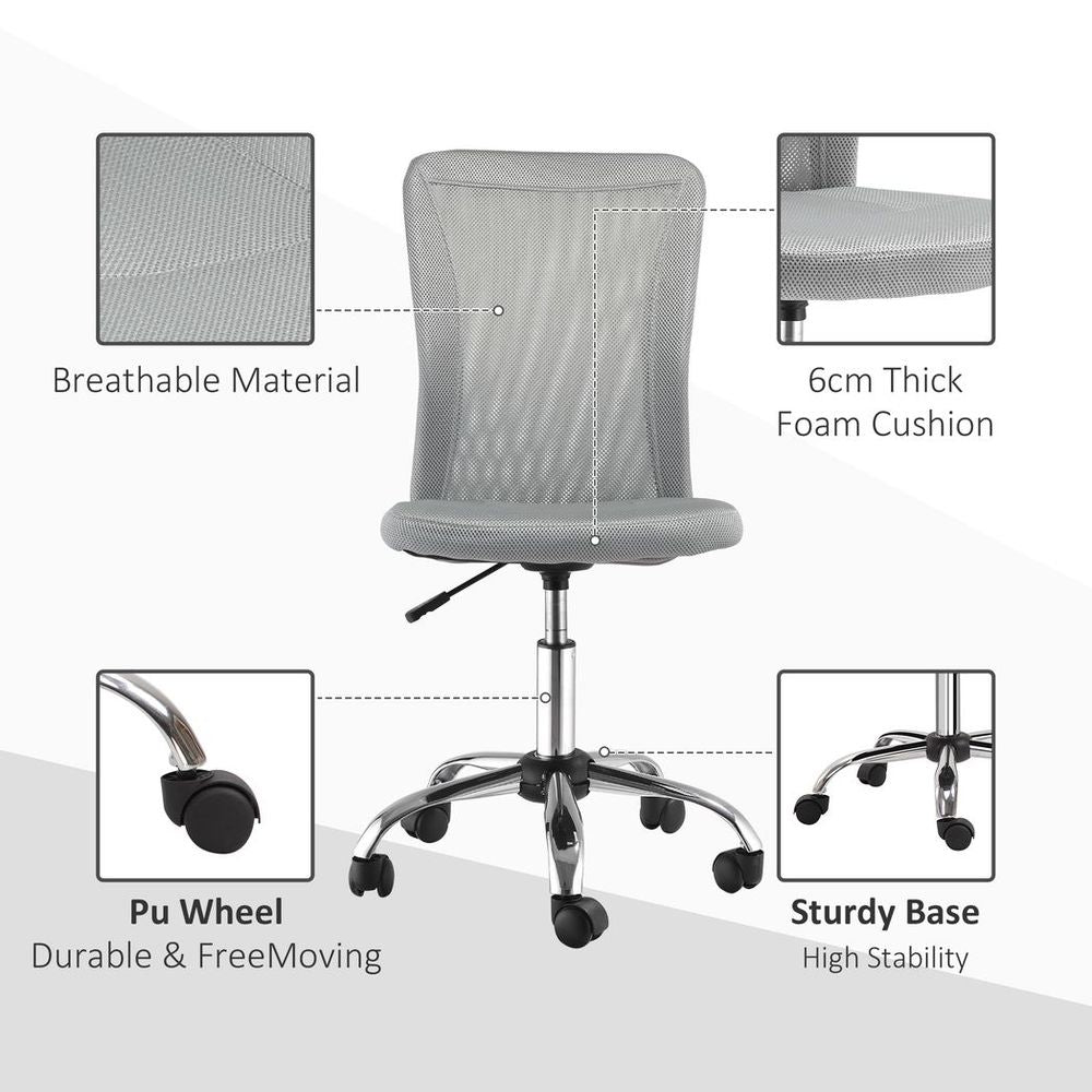 Armless Office Chair Ergonomic Padded Height Adjustable Mesh Back 5 Wheels