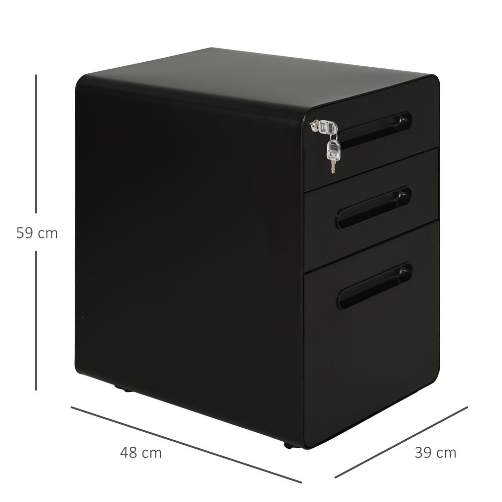 3 Draw Modern Steel Filing Cabinet w/ 4 Wheels Lock Pencil Box Black Vinsetto