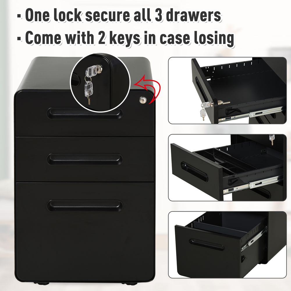 3 Draw Modern Steel Filing Cabinet w/ 4 Wheels Lock Pencil Box Black Vinsetto