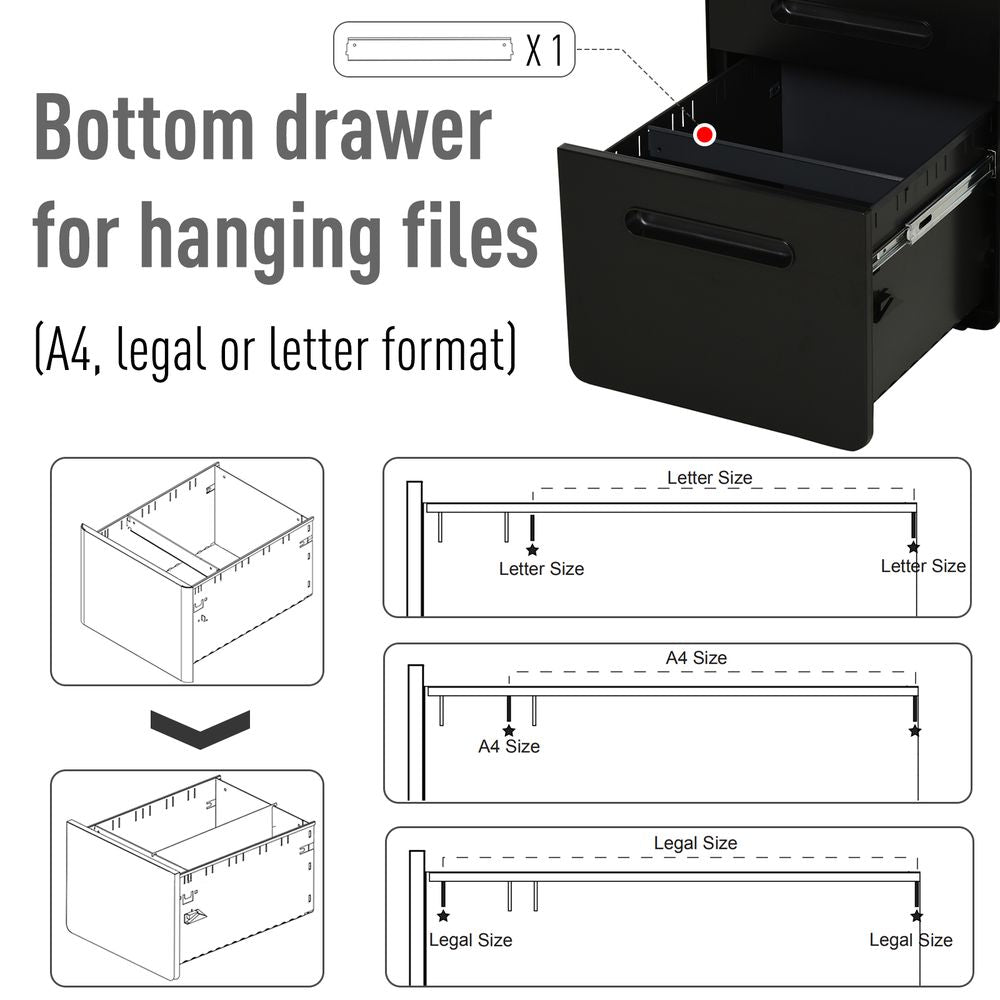 3 Draw Modern Steel Filing Cabinet w/ 4 Wheels Lock Pencil Box Black Vinsetto