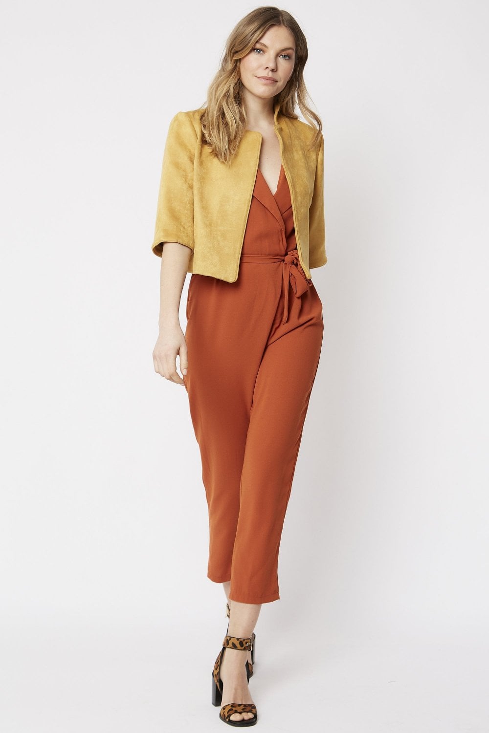 Yellow faux suede cropped jacket with open front and short sleeves, front view