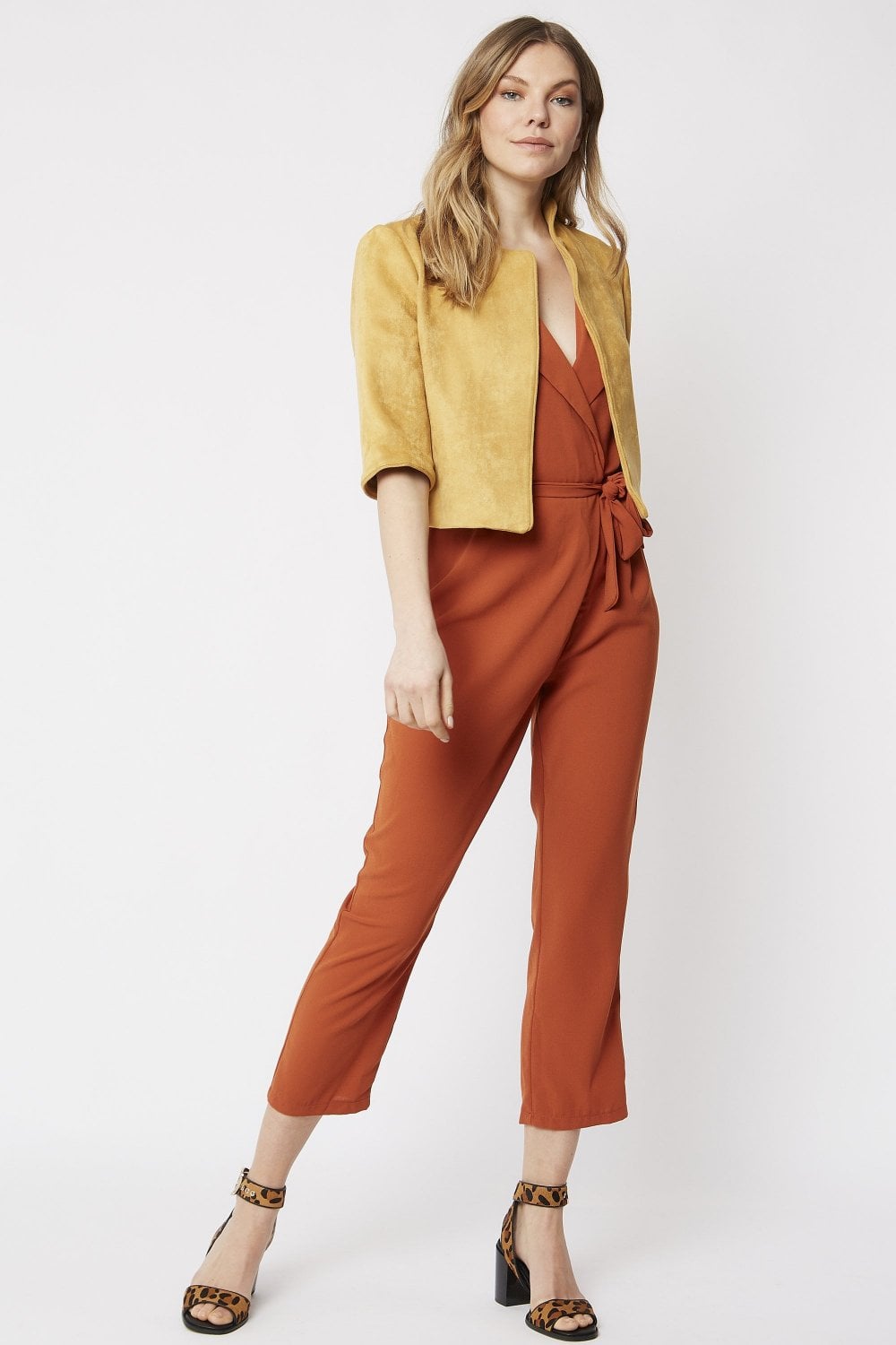 Yellow faux suede cropped jacket with short sleeves and open front