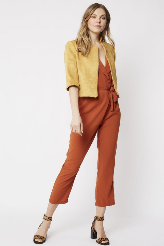 Yellow faux suede cropped jacket with short sleeves and open front