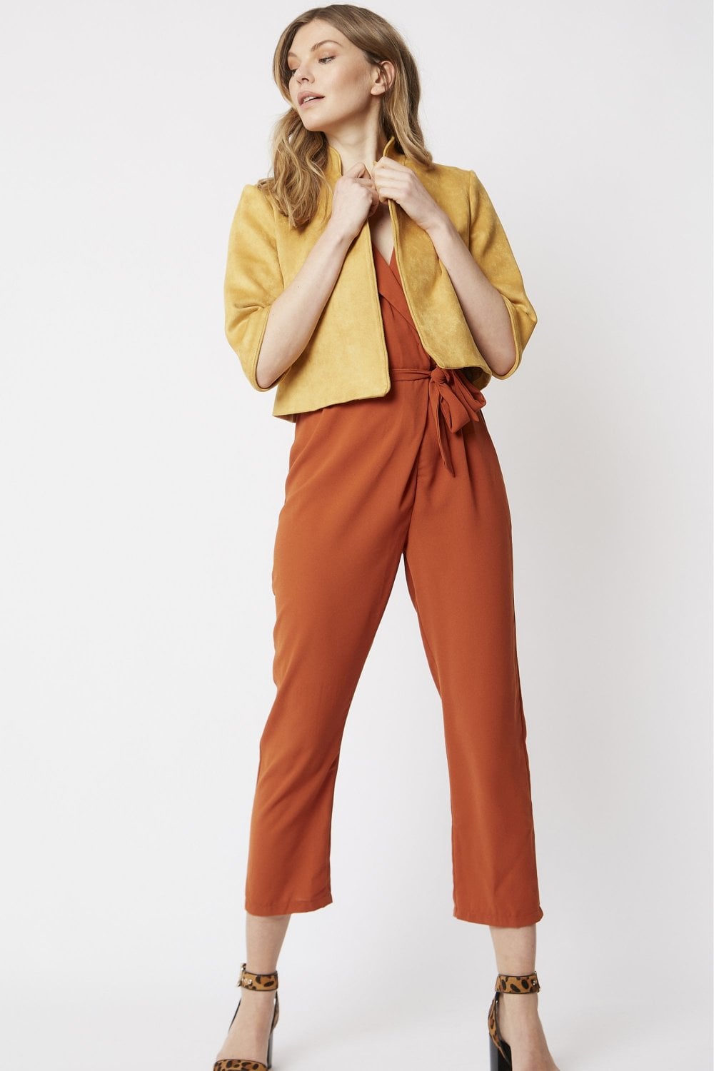 Yellow faux suede cropped jacket with short sleeves and open front