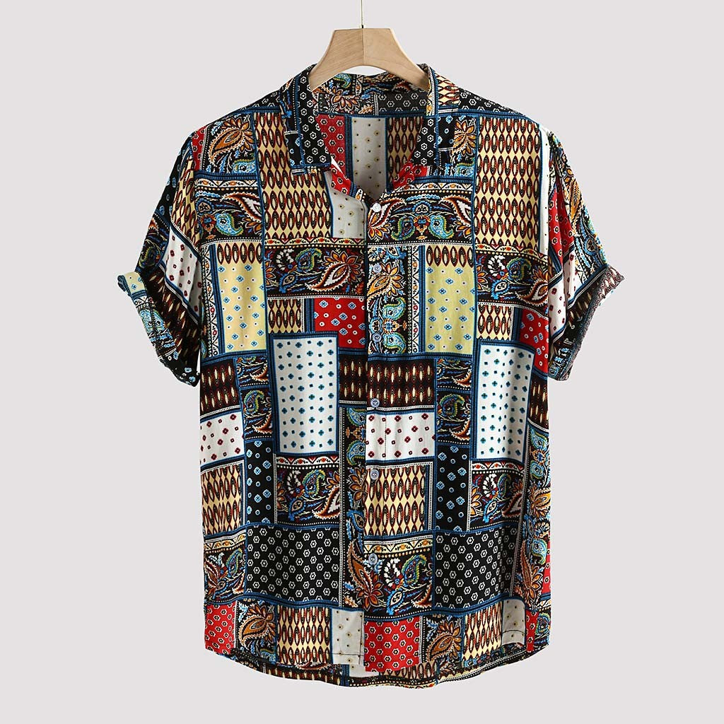 Summer new men's beach shirt linen printed short-sleeved shirt   Lastricks | London.