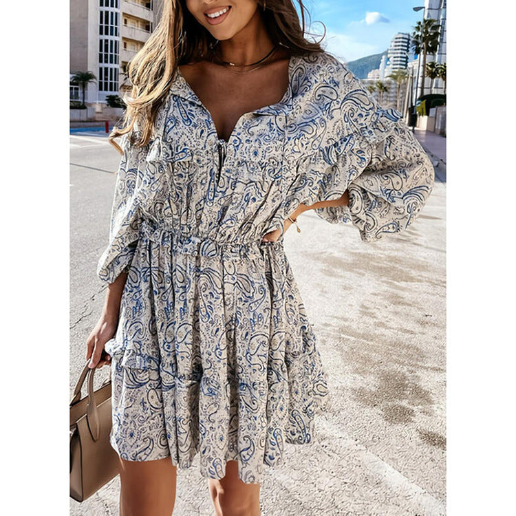 Women's short skirt long-sleeved printed waist dress   Lastricks | London.