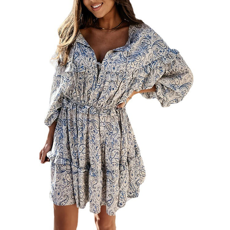 Women's short skirt long-sleeved printed waist dress   Lastricks | London.